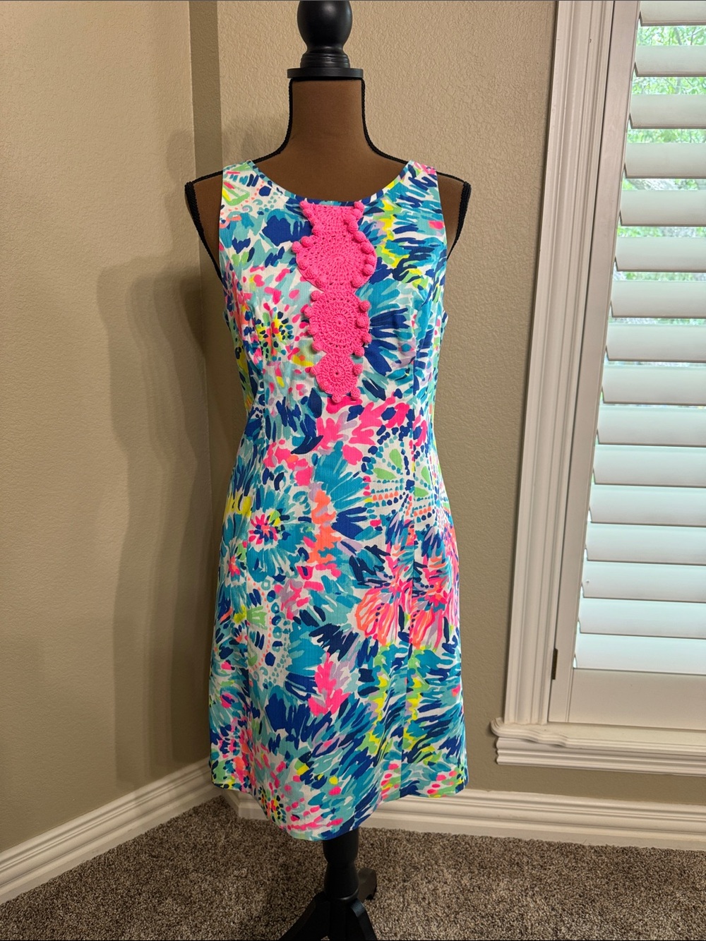 Lilly Pulitzer Multicolor Floral Midi Dress with Pink Crochet Detail